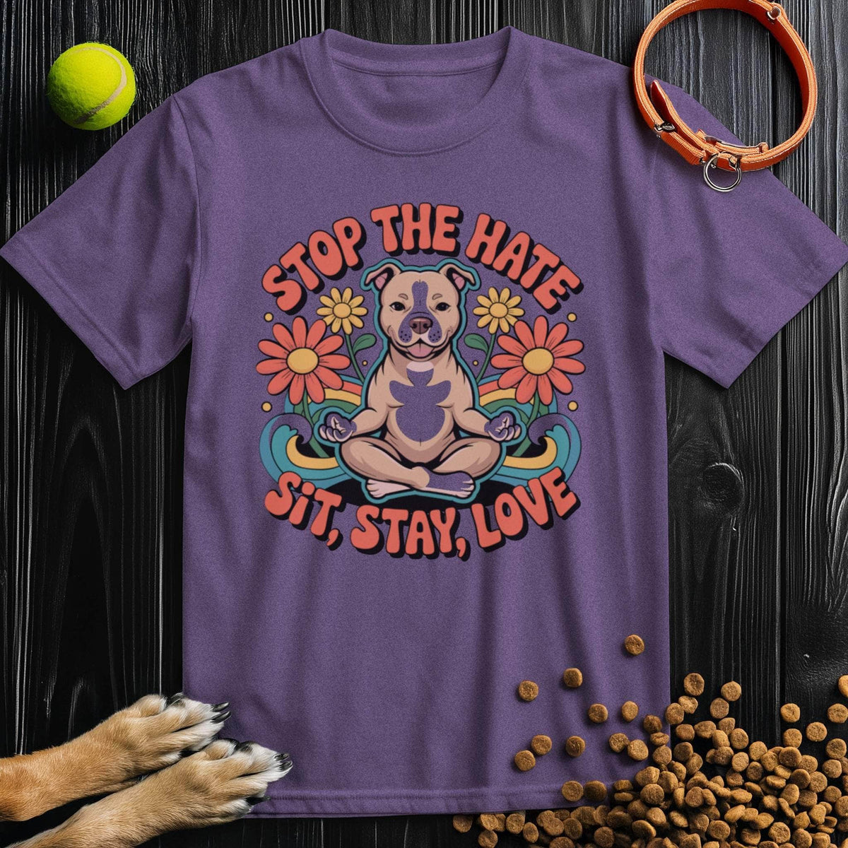 Purple Sit, Stay, Love T-Shirt with meditating dog and floral art. Soft cotton dog t-shirt for men and women, ethically produced.