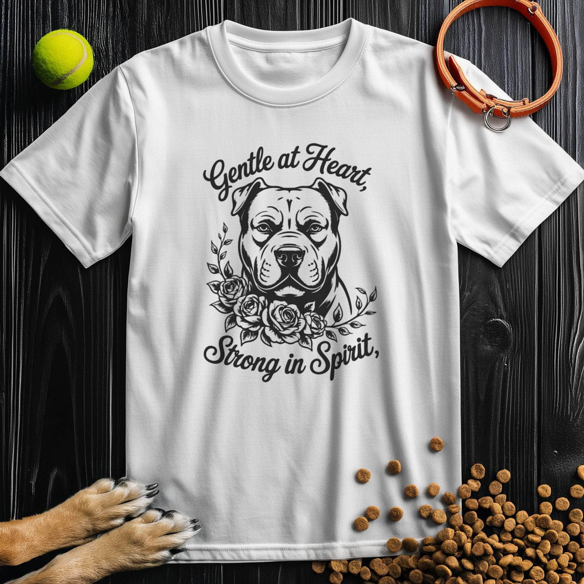 White Gentle At Heart T-Shirt with bulldog and rose print. Unisex cotton tee for dog lovers made from eco-friendly US fabric.