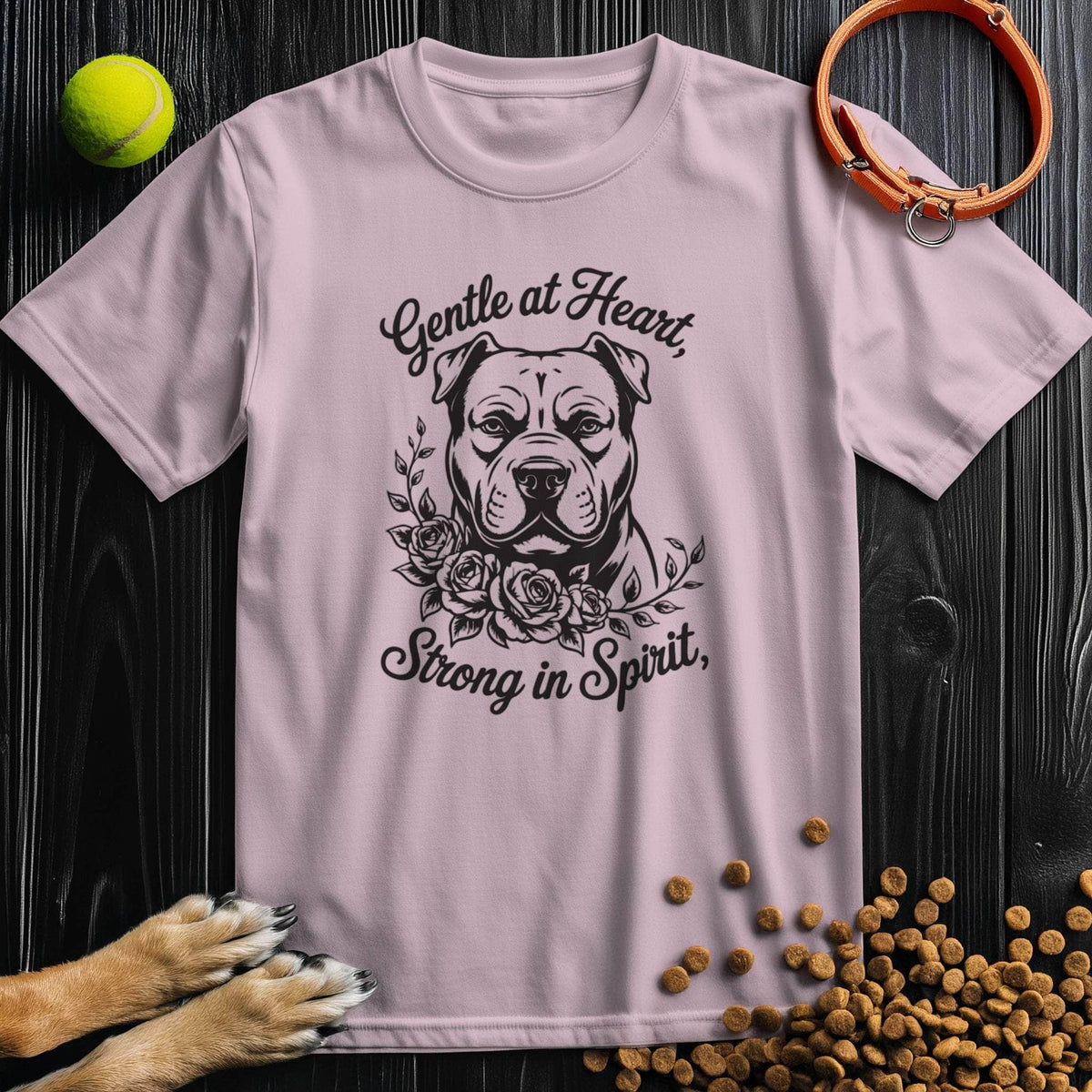 Light pink Gentle At Heart T-Shirt featuring a bulldog and floral motif. Soft cotton unisex tee for dog lovers, perfect for summer.