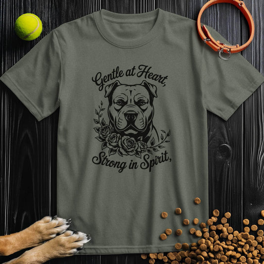 Olive green Gentle At Heart T-Shirt featuring a bulldog and floral design. Ethical cotton dog t-shirts for humans in unisex fit.