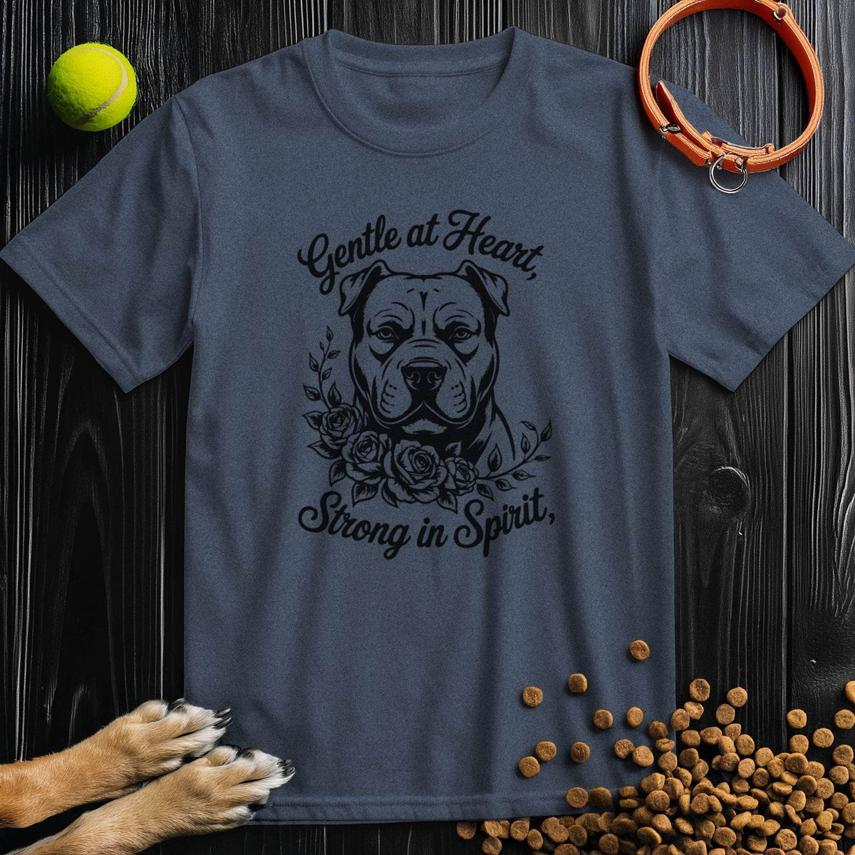 Navy Gentle At Heart T-Shirt with bold bulldog graphic and floral accents. Sustainable cotton dog-themed shirt for men and women.