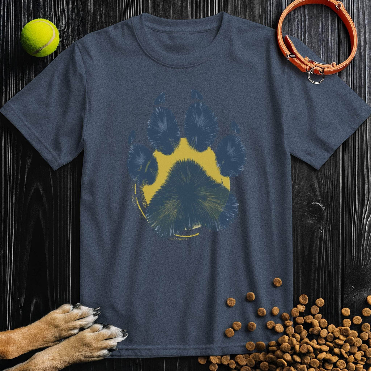 Navy Painter’s Paw T-Shirt showcasing a blue paw print over yellow circle. Comfortable cotton tee for dog lovers, unisex and breathable.