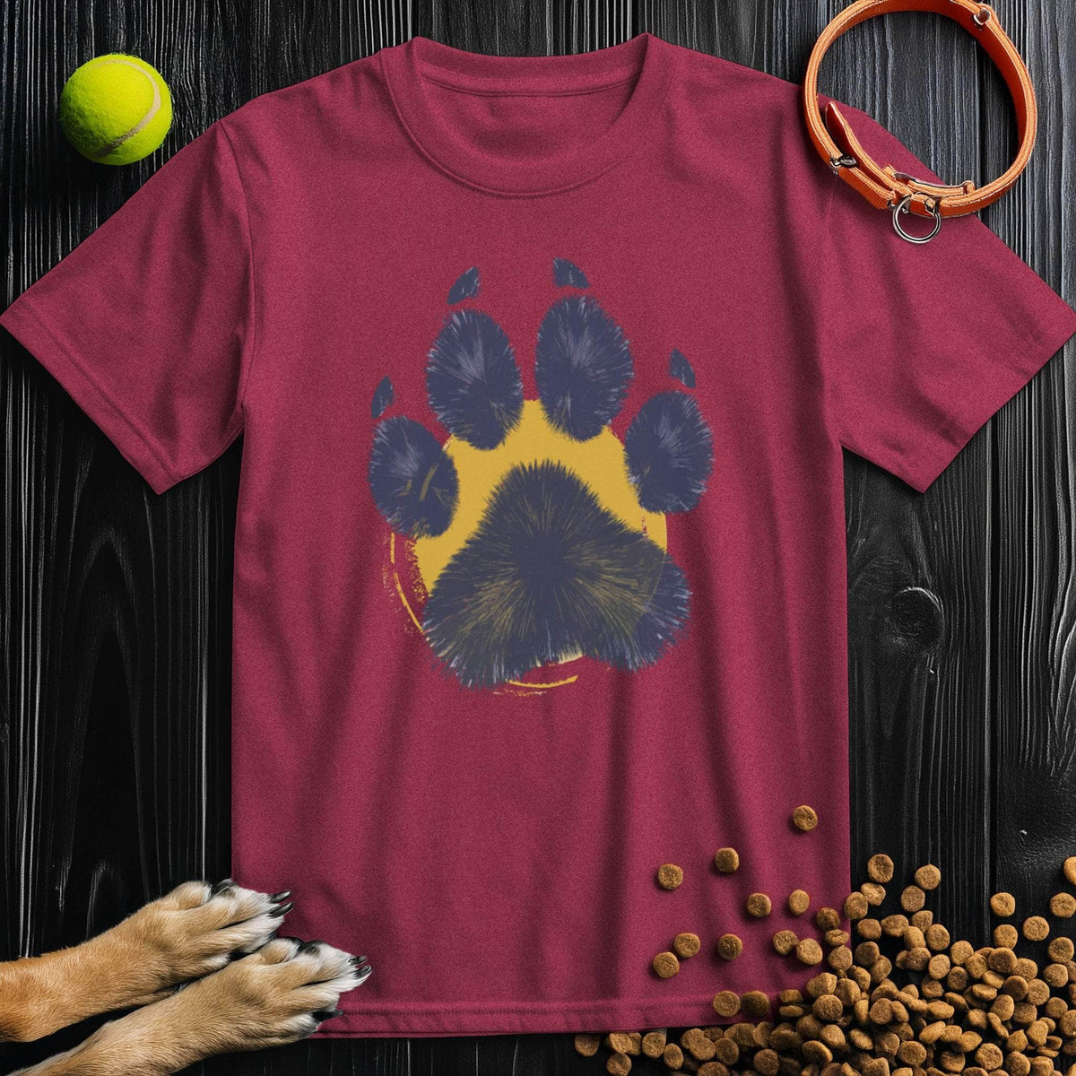 Painter’s Paw T-Shirt in maroon with large blue and yellow paw print design. 100% cotton dog lover shirt, unisex and perfect for casual wear.