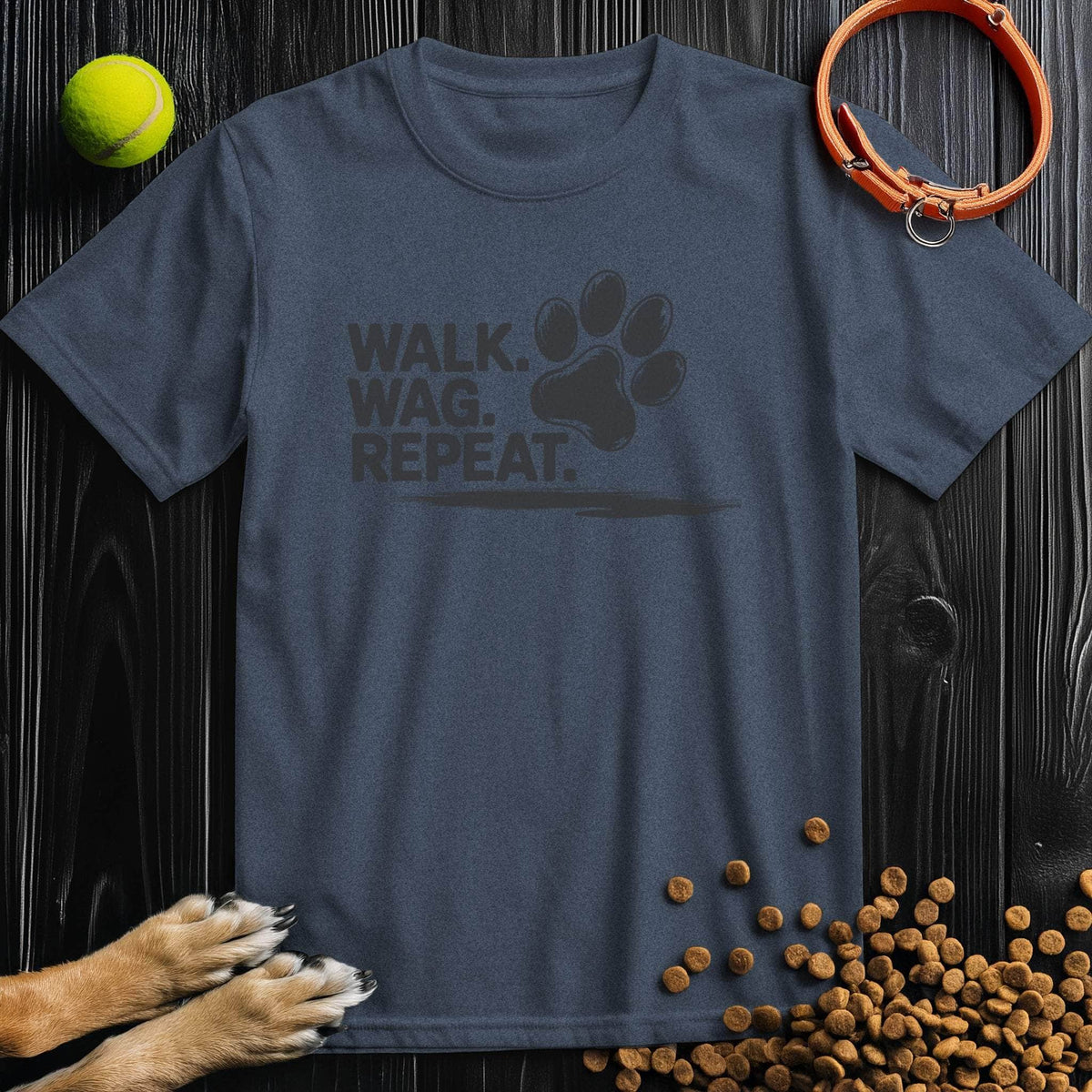 Navy Walk Wag Repeat T-Shirt with subtle black paw print, perfect for dog enthusiasts, crafted from breathable cotton.