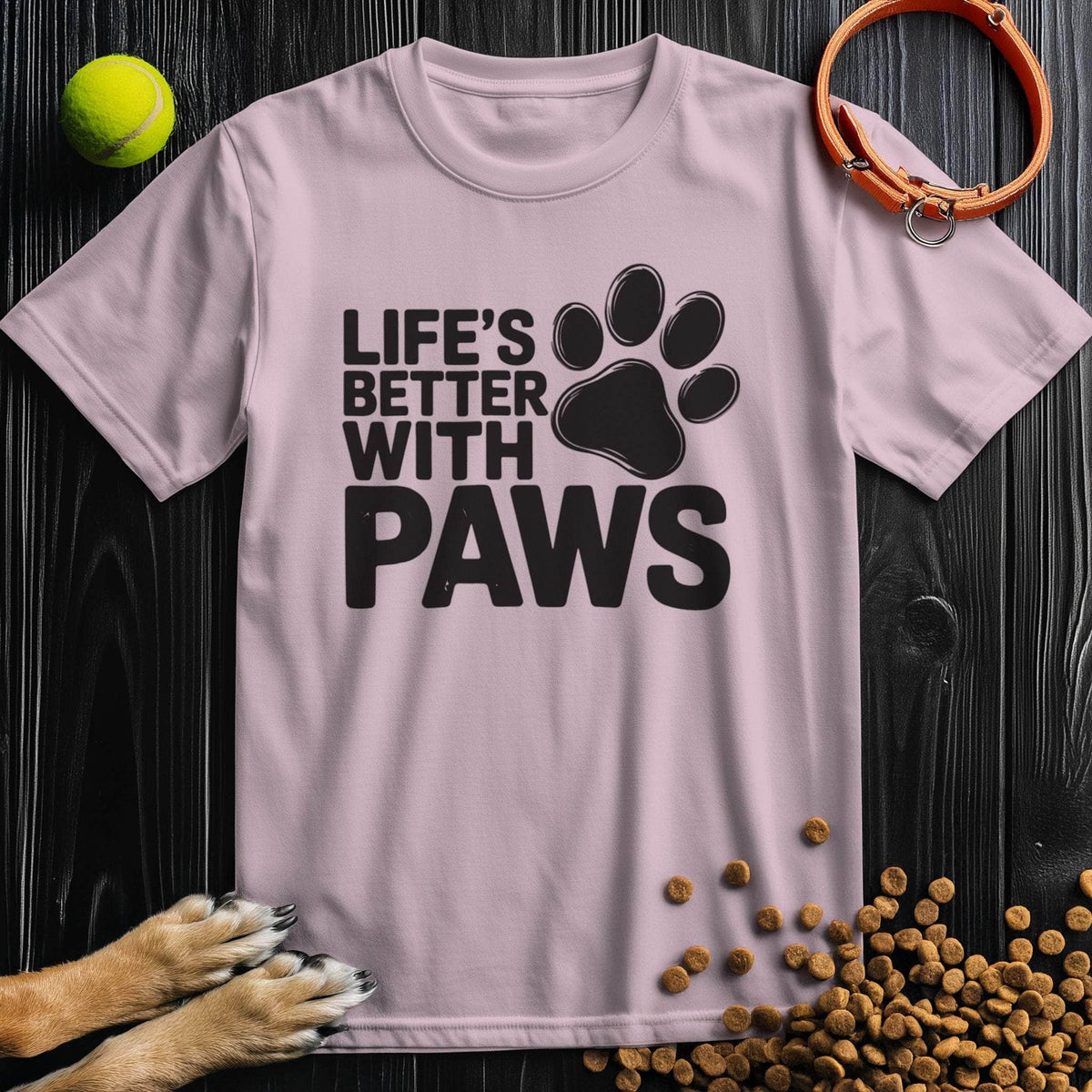 Light pink Paw T-Shirt with 'Life's Better With Paws' dog lover design in black. Made of cotton, ideal for pet enthusiasts.