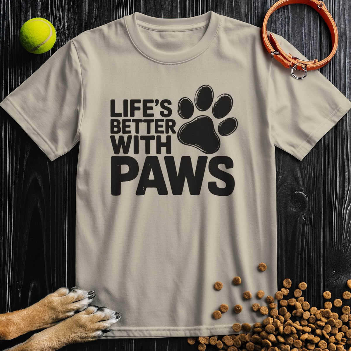Beige Paw T-Shirt with bold black 'Life's Better With Paws' text. 100% cotton crew neck tee for dog lovers.