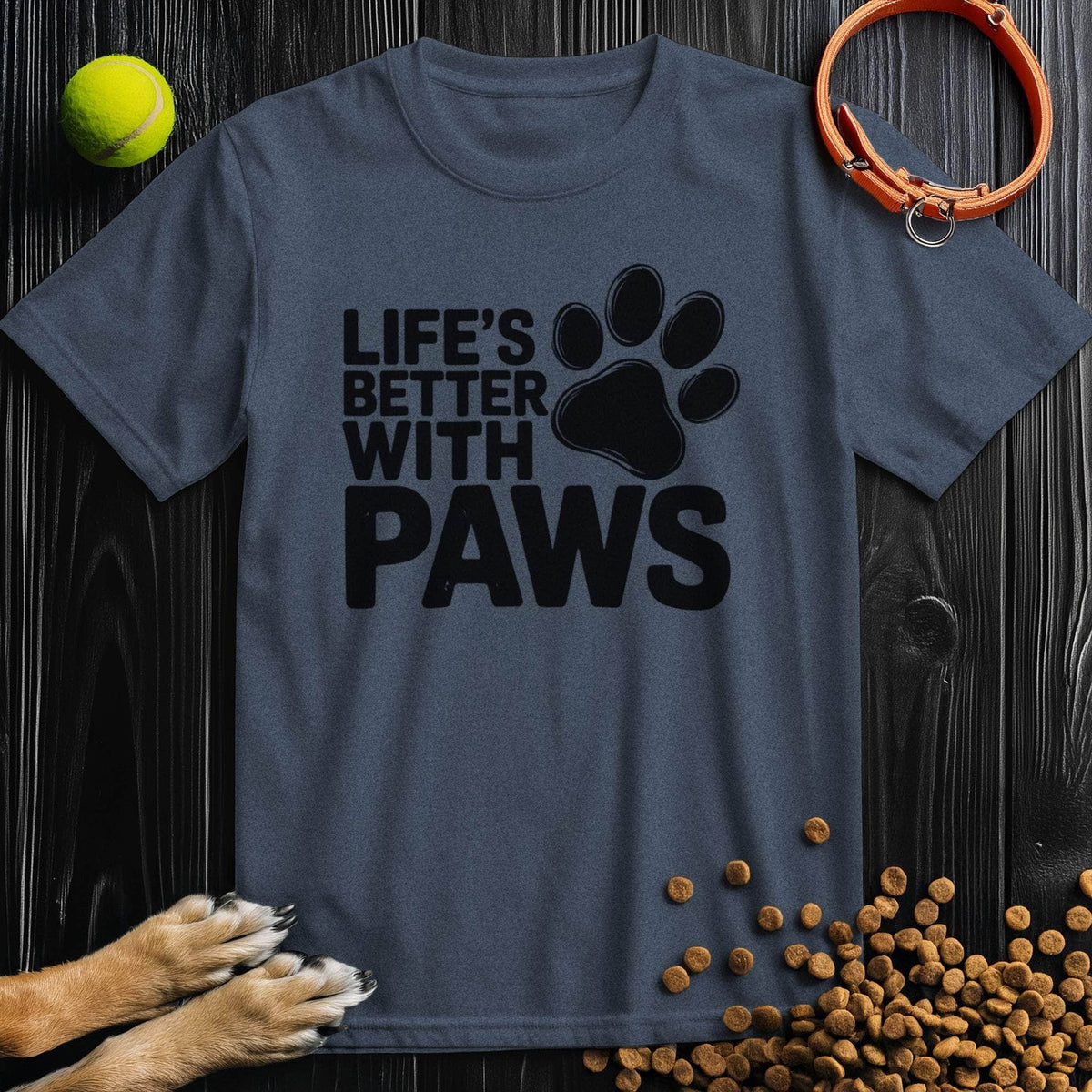 Navy blue Paw T-Shirt with black 'Life's Better With Paws' design. Comfortable cotton tee perfect for dog enthusiasts.