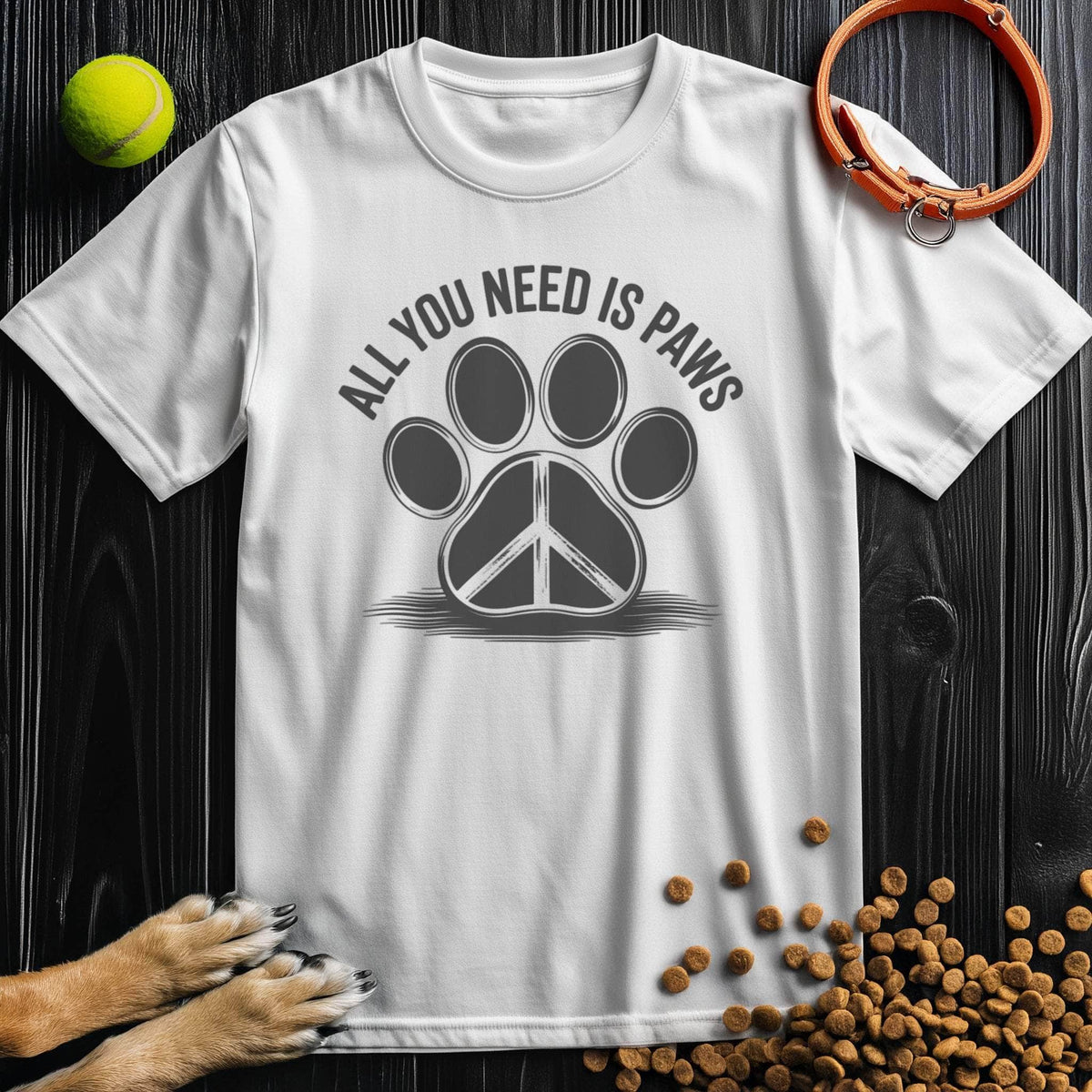 White All You Need Is Paws T-Shirt with bold black paw and peace symbol graphic, crafted from ethical cotton. Perfect dog-themed tee for everyday style.