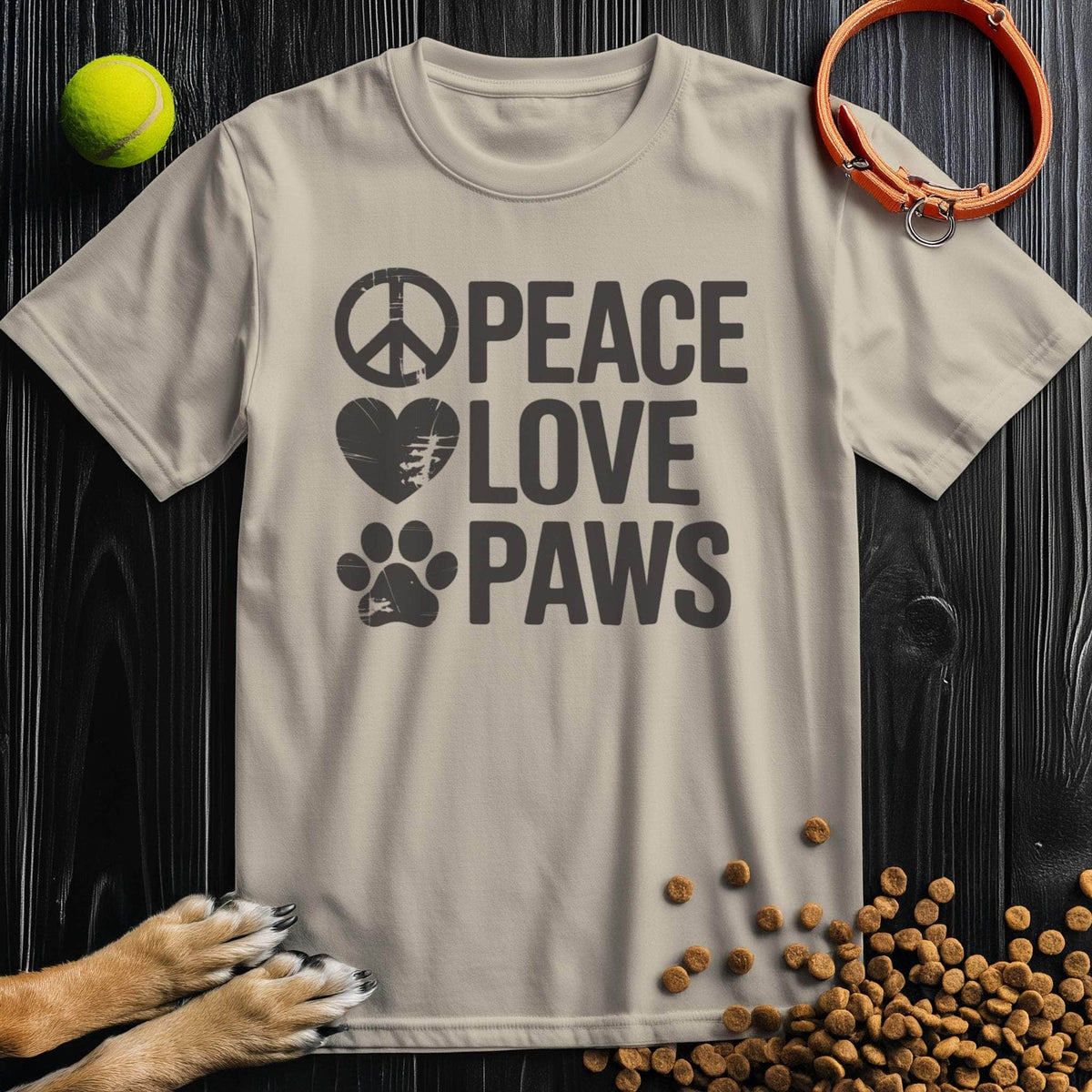 Beige Peace Love Paws T-Shirt - Dog Tee Shirts | Cotton Comfort in neutral tan with black graphics, ideal for dog lovers' wardrobe.
