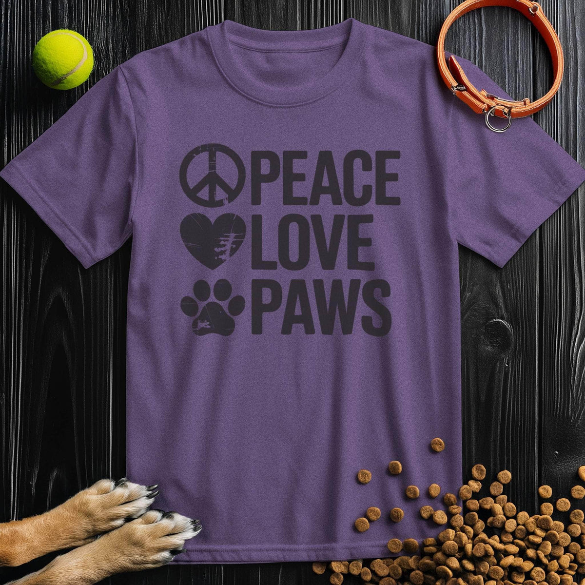Purple Peace Love Paws T-Shirt - Dog Tee Shirts | Cotton Comfort with bold black print, ideal for pet lovers and casual wear.