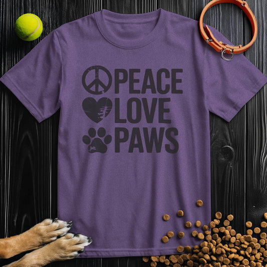 Purple Peace Love Paws T-Shirt - Dog Tee Shirts | Cotton Comfort with bold black print, ideal for pet lovers and casual wear.