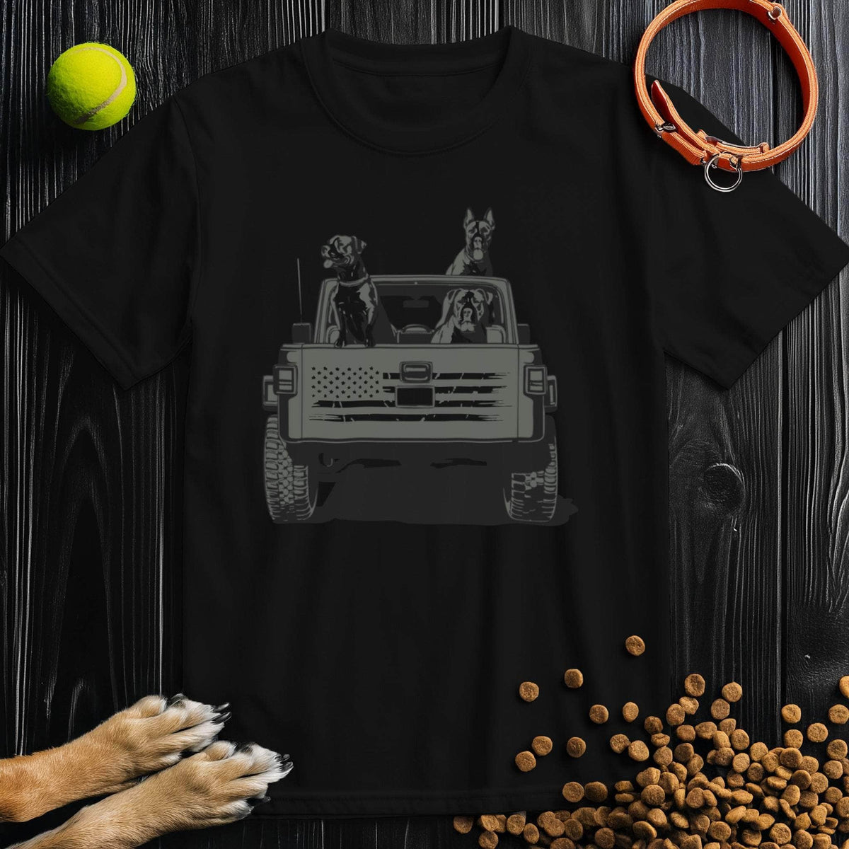 Black Freedom Ride Dog T-Shirt showcasing dogs in a jeep with subtle flag print. Stylish and eco-friendly cotton shirt for pet enthusiasts.