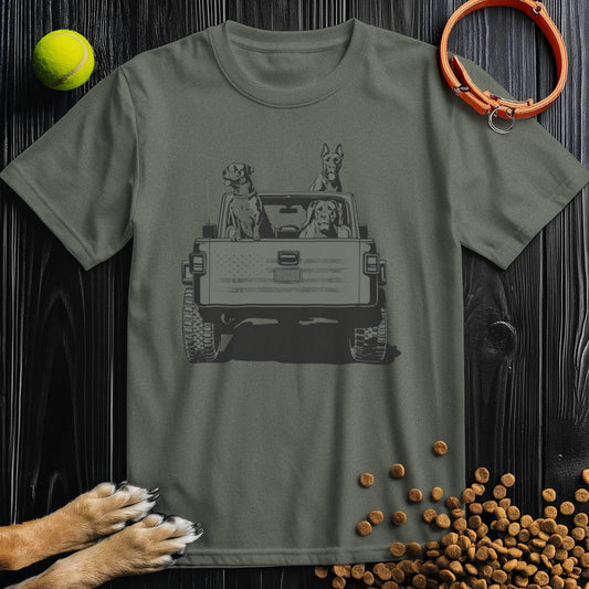 Freedom Ride Dog T-Shirt in military green featuring three dogs in a jeep with an American flag design. Made from 100% cotton for comfort.