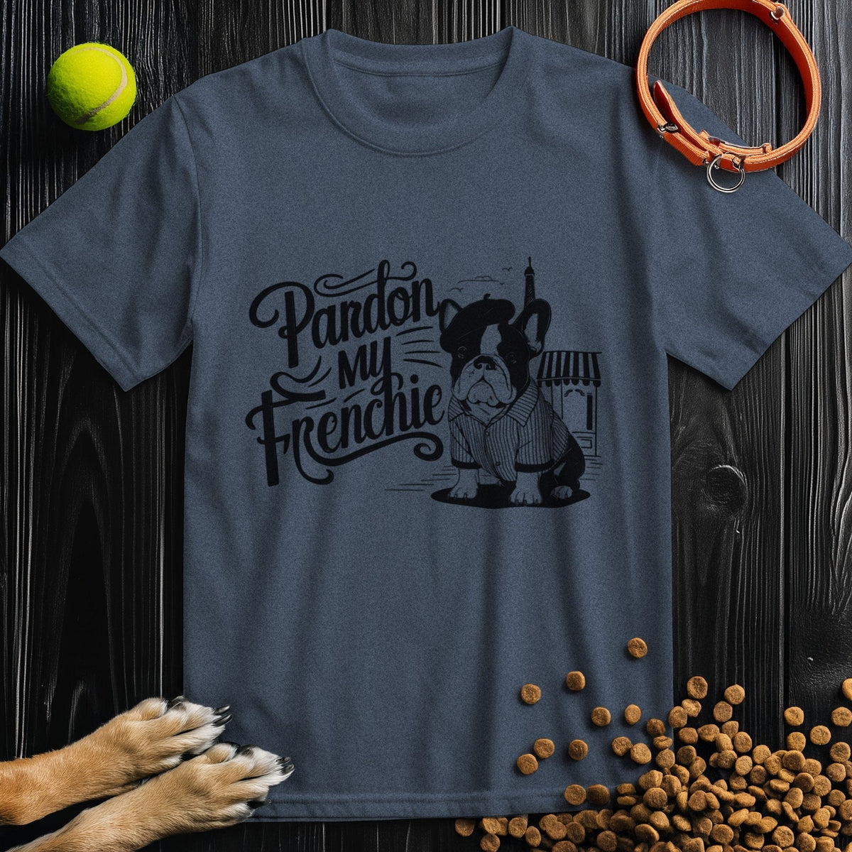 Navy blue 'Pardon My Frenchie' t-shirt with a French Bulldog graphic. Ideal funny Frenchie shirt for pet owners from Good Boy Mob.