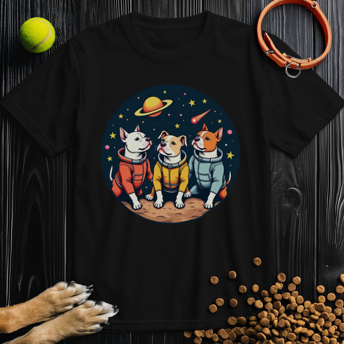 Black Cosmic Pits T-Shirt with a colorful print of three dogs in space suits, ideal for casual wear and dog enthusiasts.