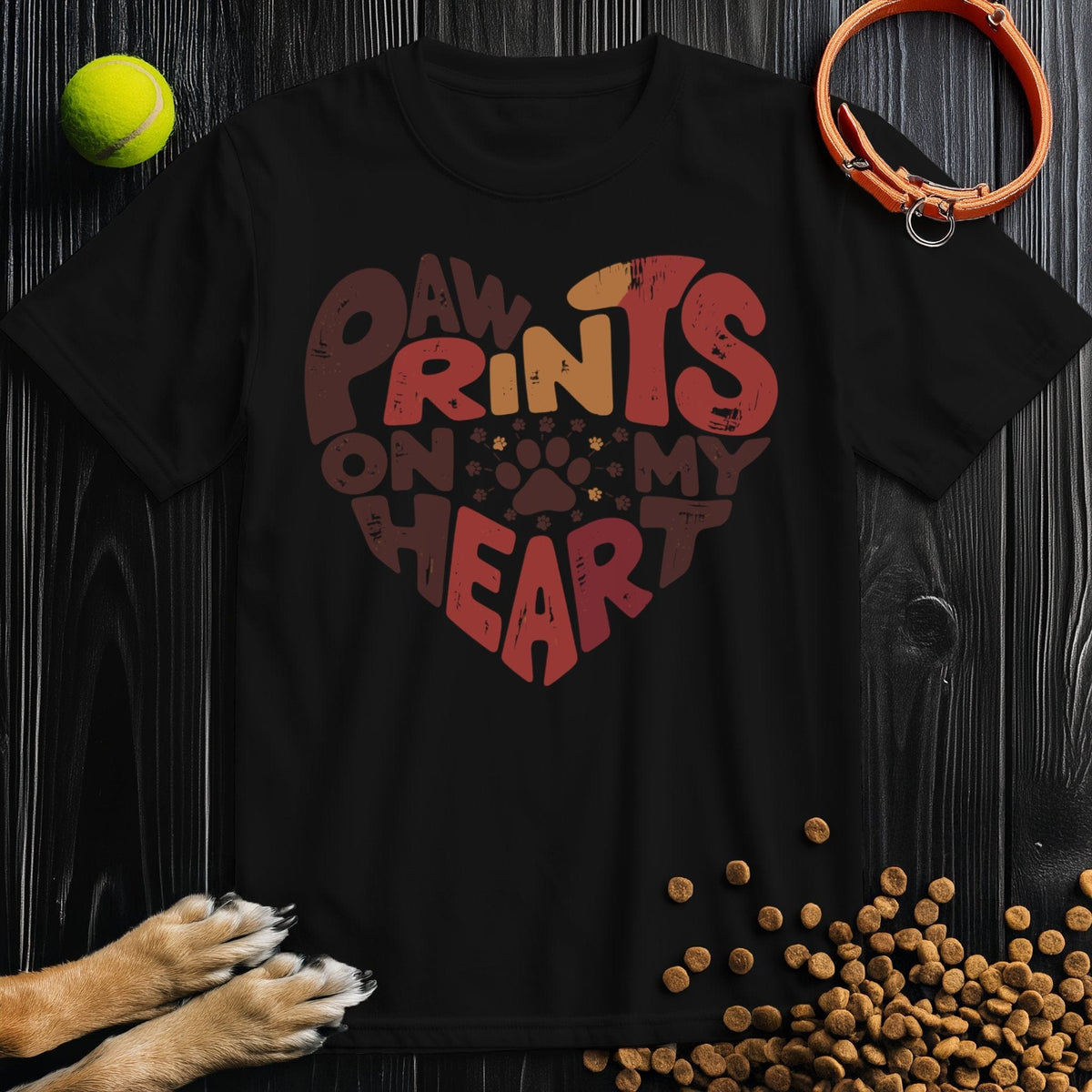Black Paw Print Heart T-Shirt showcasing a red and orange heart-shaped dog print design. Stylish and cozy for pet lovers.