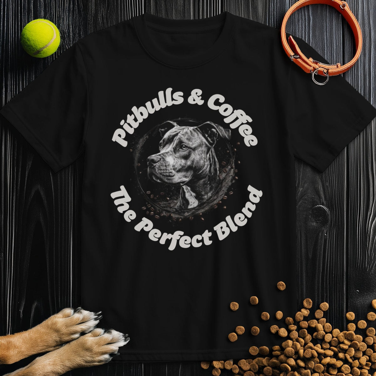 Black Pitbulls And Coffee TShirt showcasing a pitbull face and coffee beans. Shop this trendy dog and caffeine tee at Good Boy Mob.