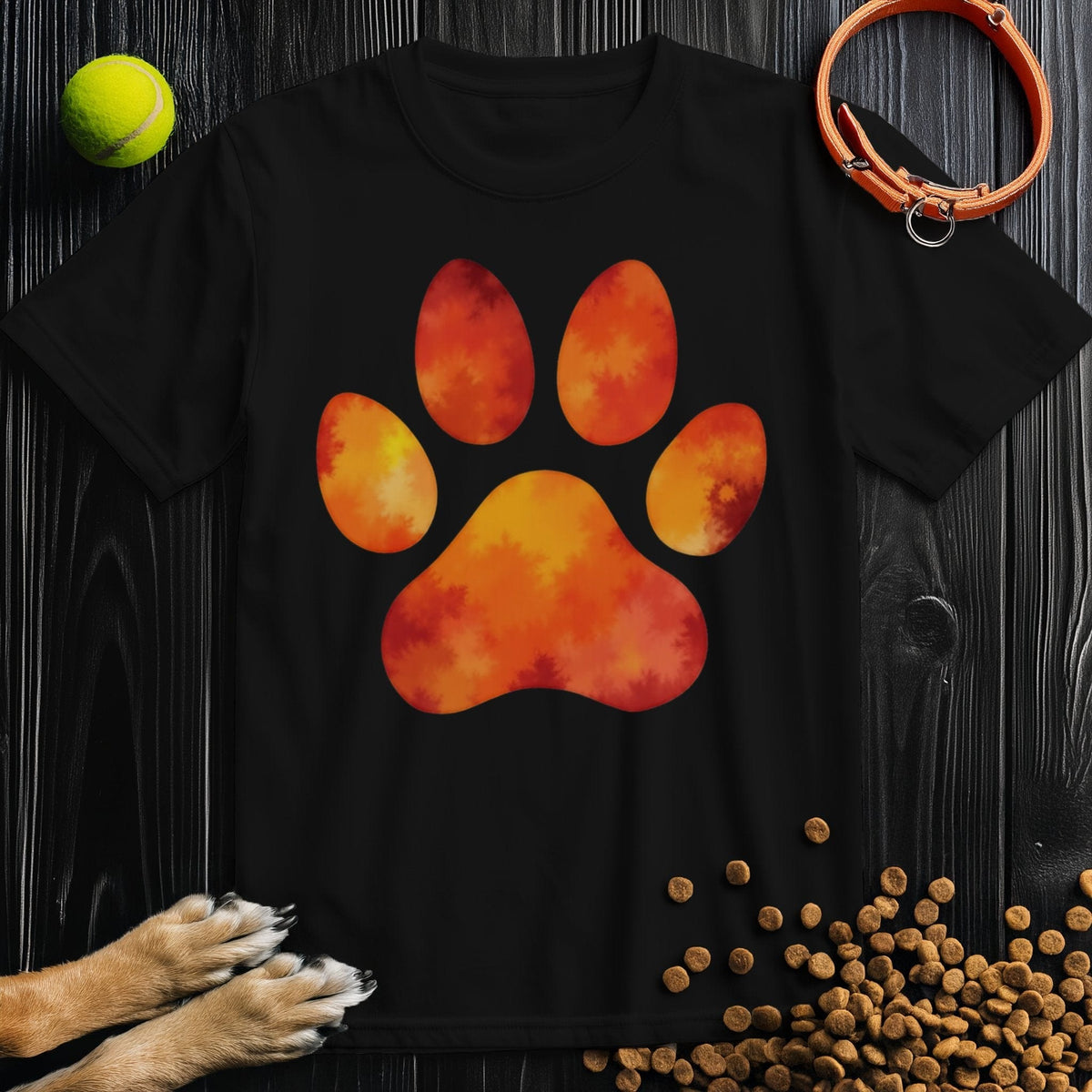 Dog Themed Shirts - Autumn Blaze Paw in black cotton featuring a bold autumn-colored paw print. Ideal unisex t-shirt for pet enthusiasts.