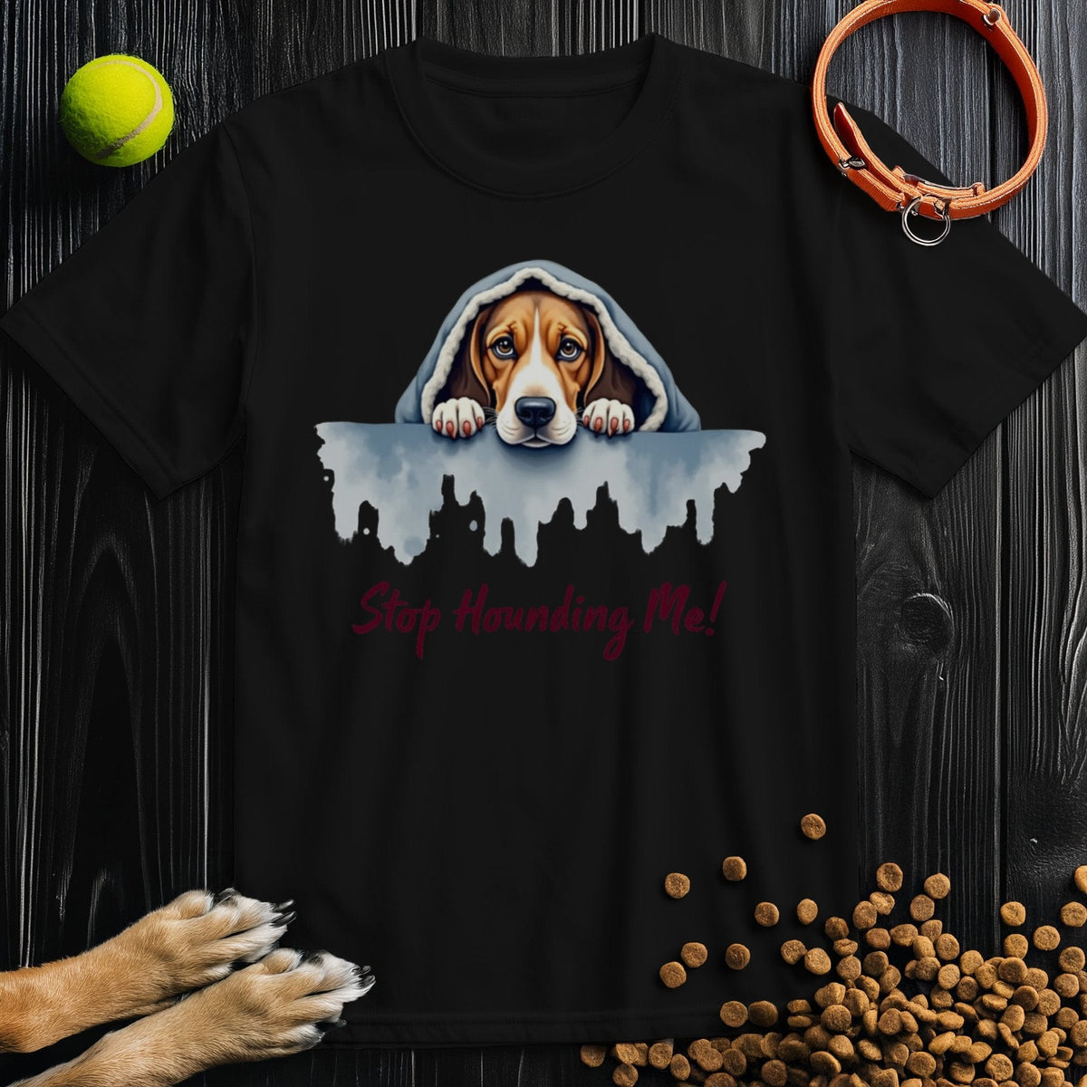 Black Stop Hounding Me T-Shirt with a beagle watercolor design. Stylish dog themed shirt crafted from soft US cotton.