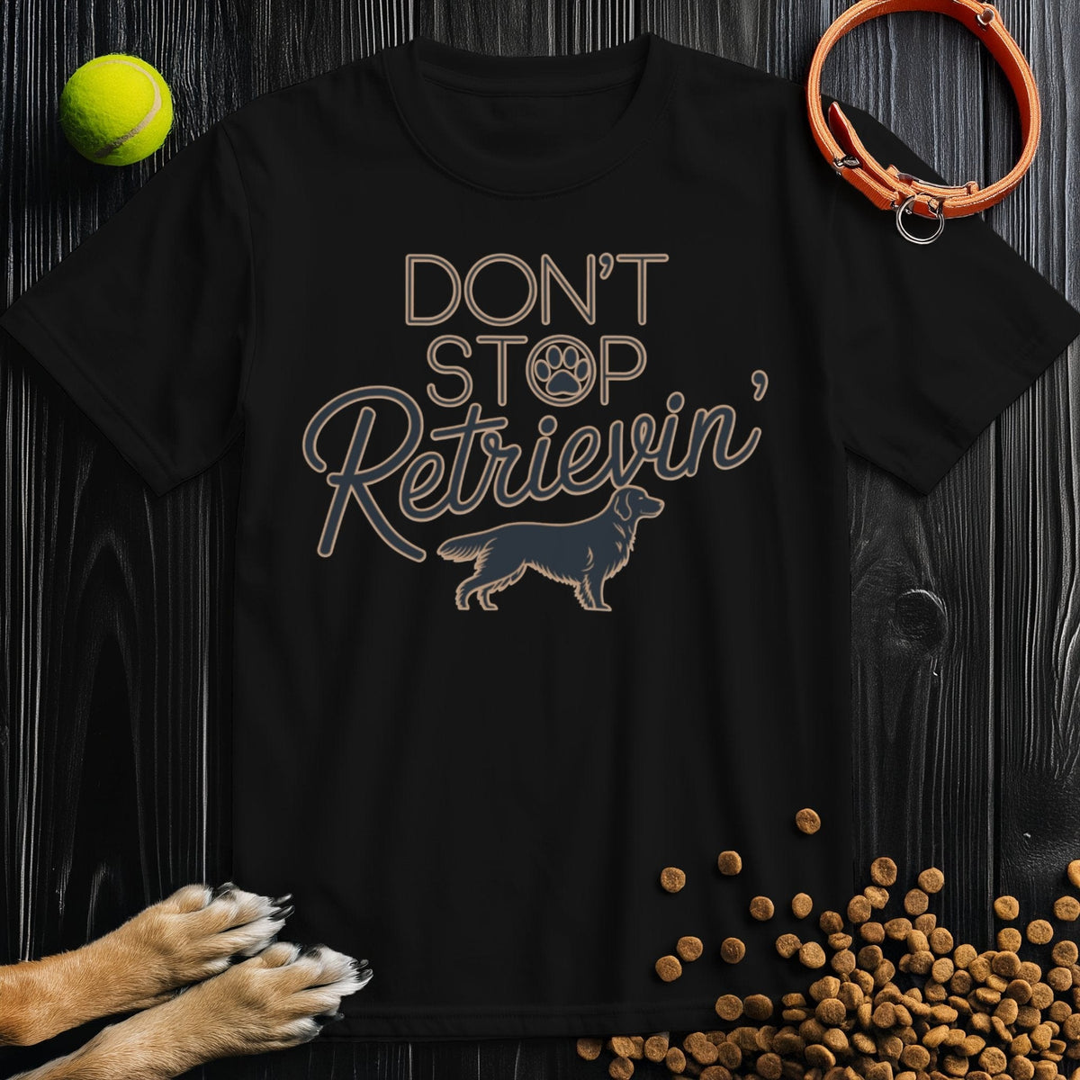 Golden Vibes T-Shirt - Retriever Shirt in black with 'Don't Stop Retrievin'' text and golden retriever graphic. 100% cotton, ethical fashion.