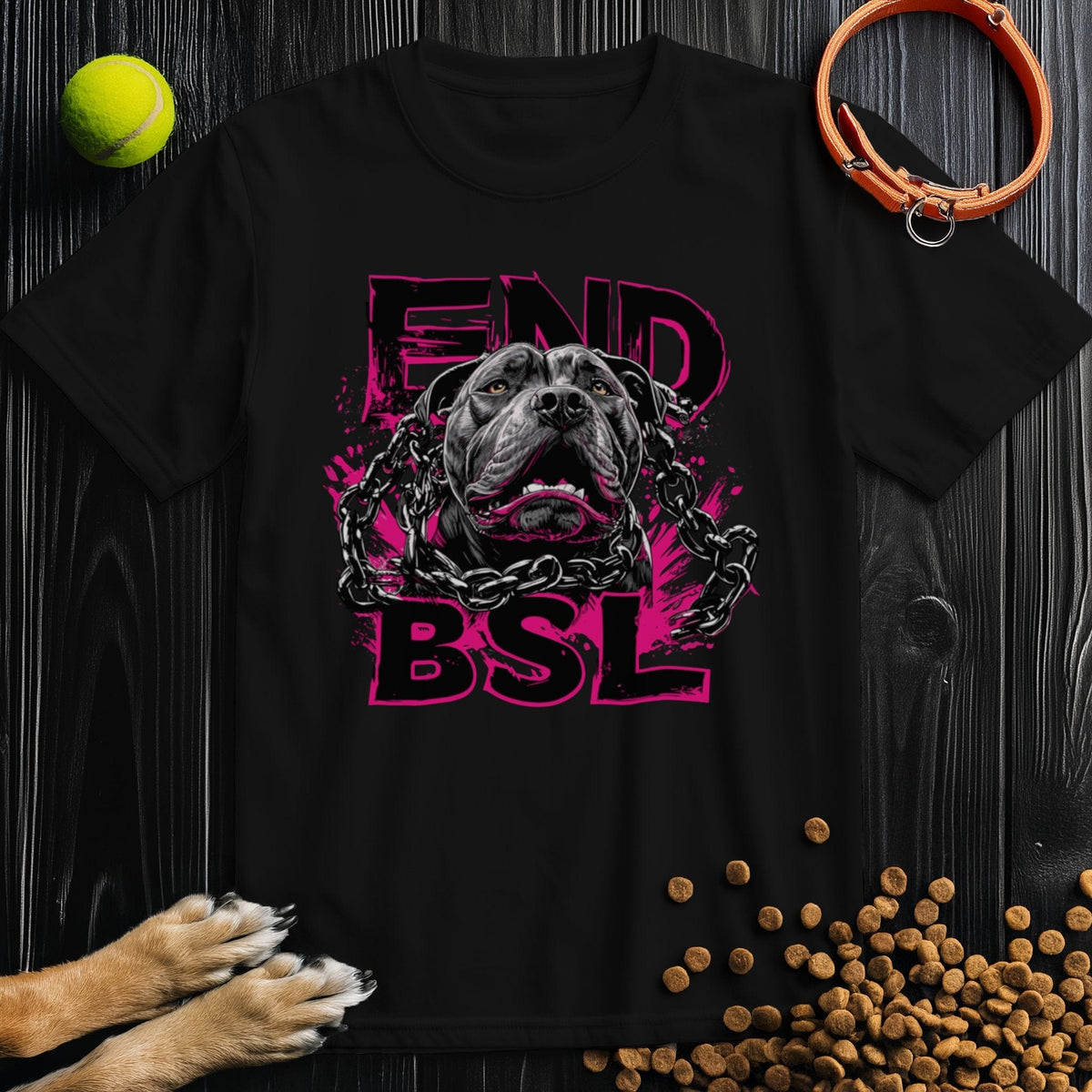 Black End BSL T-shirt featuring a pit bull breaking chains with bold pink text. Made from 100% US cotton, ethical and comfortable.