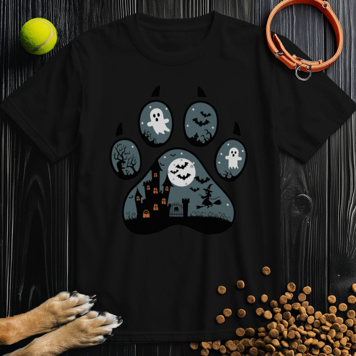 Black Wicked Paw Print Tee with ghost and bat illustrations inside a paw print. Soft cotton fabric ideal for casual wear.