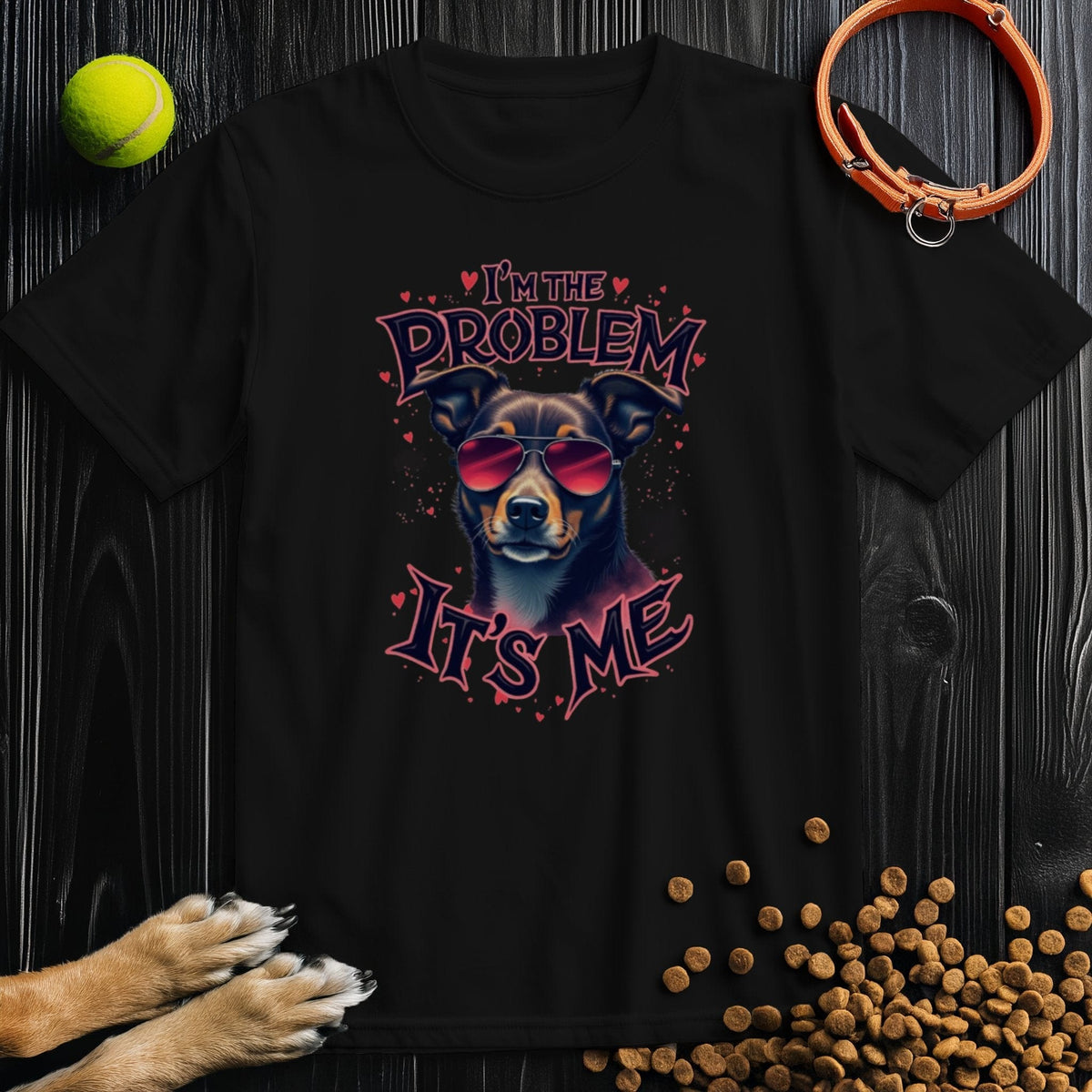 Black The Problematic Pooch T-Shirt showcases a stylish dog print and fun text, ideal dog shirt for humans made from ring-spun cotton.