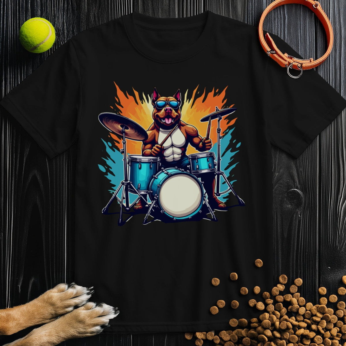 Premium Drum Dog T-Shirt in black featuring a cartoon dog playing drums with vibrant orange and blue background. Stylish and comfy cotton tee.