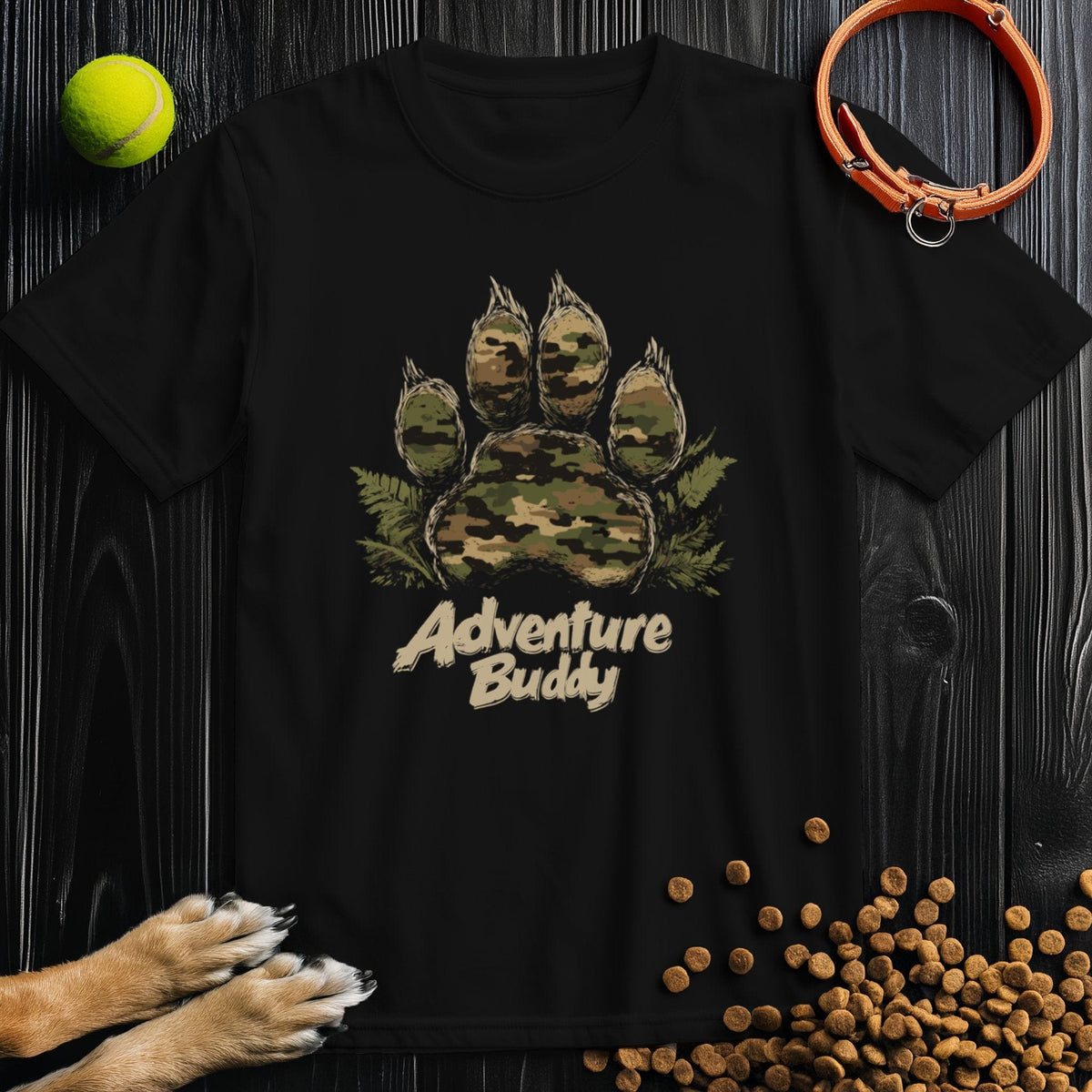 Black Camo Paw Adventure T-Shirt with bold camo paw print and 'Adventure Buddy' text, stylish cotton tee for pet lovers.