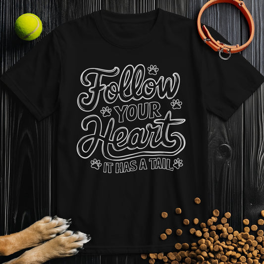 Black Dog Lover T-Shirt with 'Follow Your Heart It Has A Tail' quote in white, 100% cotton, perfect for pet enthusiasts.