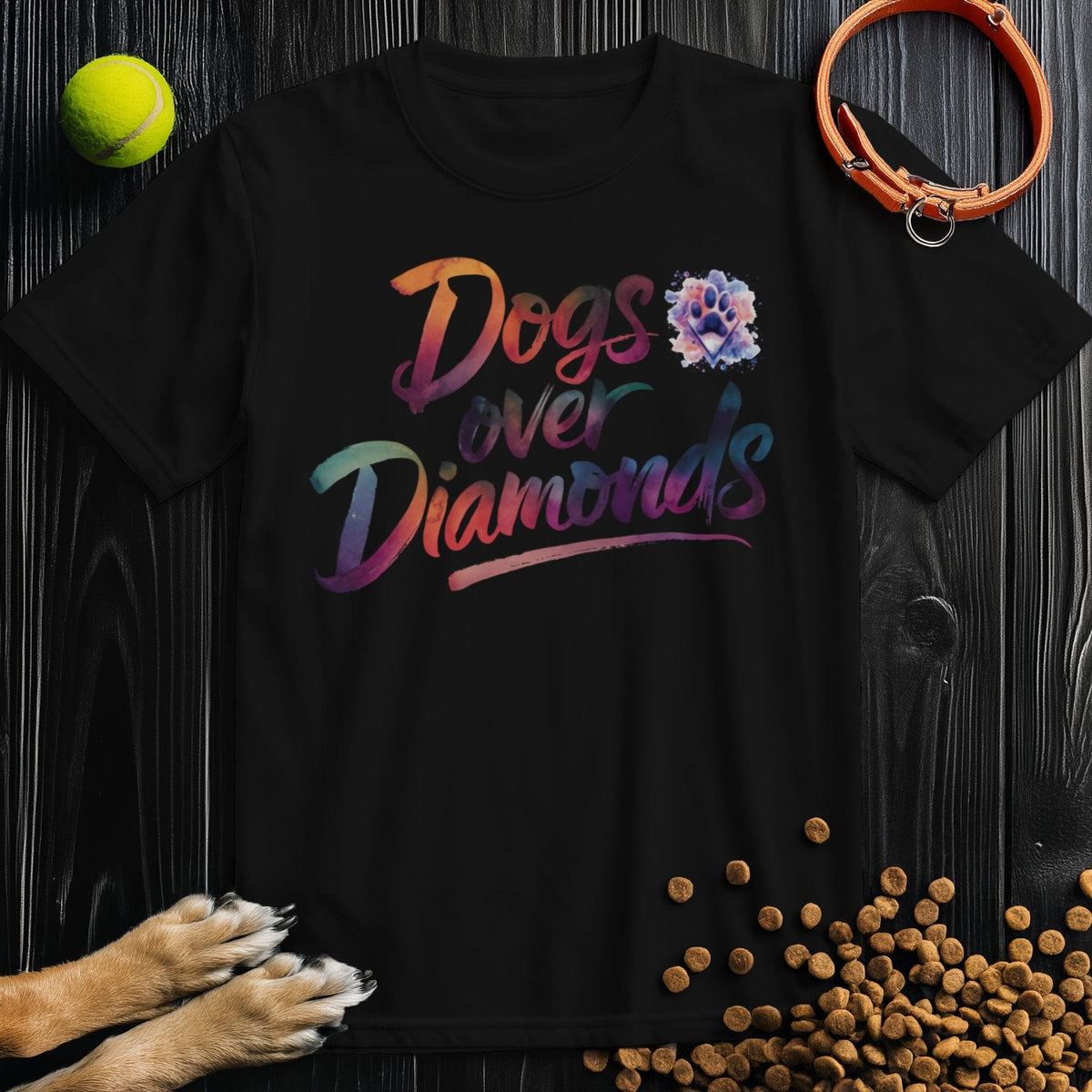 Black Dogs Over Diamonds Watercolor Tee featuring colorful dog-themed text and paw print, made from 100% cotton for unisex comfort.