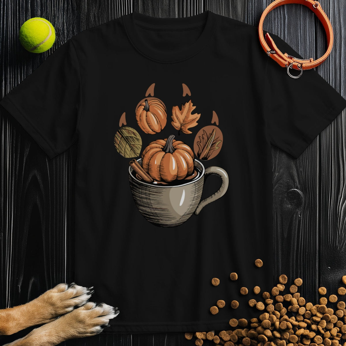 Black Autumn Brew Paw T-Shirt with cozy pumpkin cup design, ethically made from 100% cotton for stylish autumn outfits.