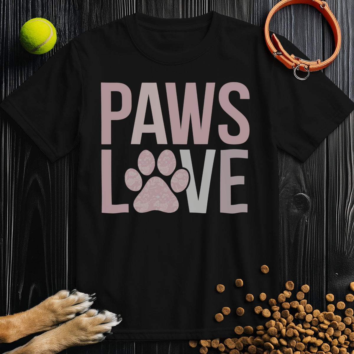 Black Paws Love T-Shirt with bold pink paw design. Dog theme cotton shirt with crew neck, ideal for men and women.