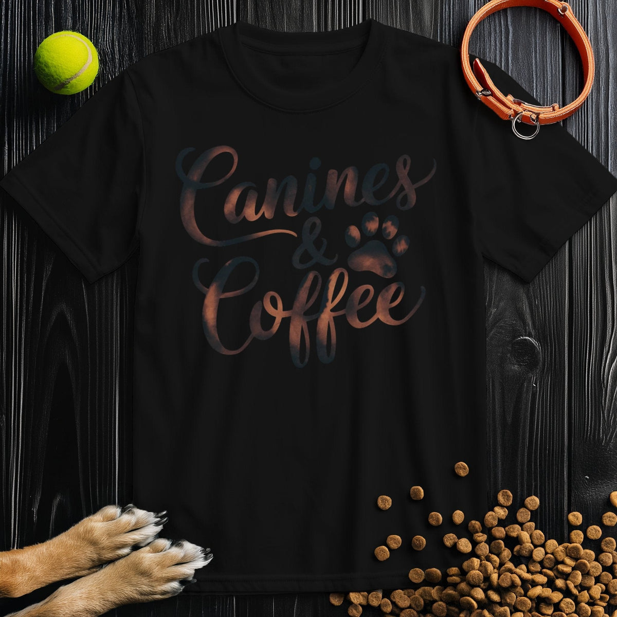 Black Canines & Coffee T-Shirt with bold lettering and paw print, crafted from 100% cotton for everyday wear and dog-themed fashion.