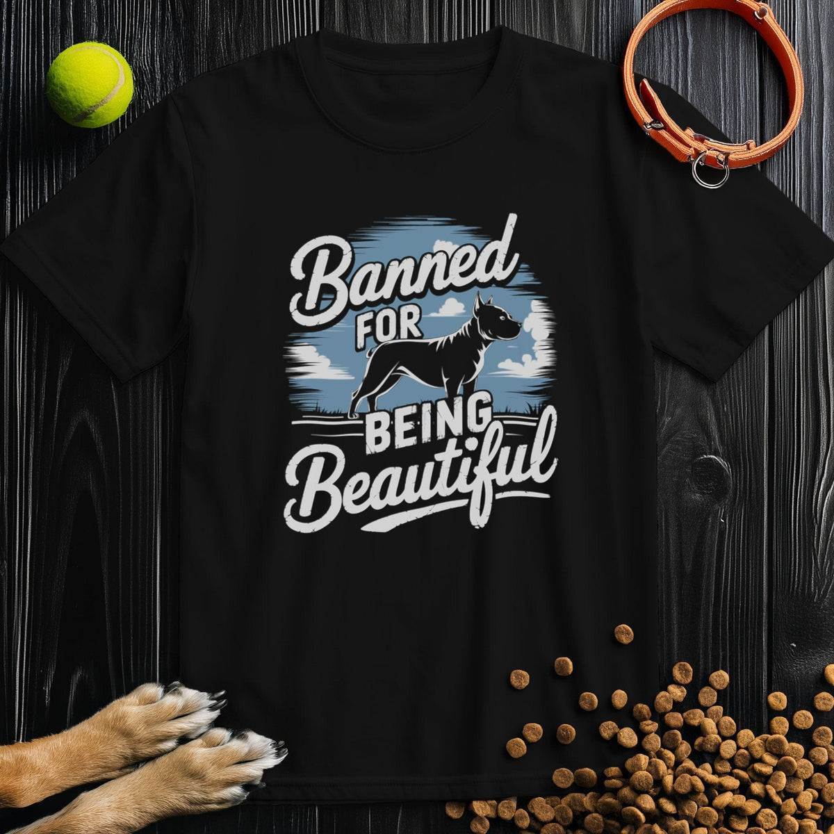 Black Banned for Beauty Dog Tee with pitbull graphic and stylish lettering. A sustainable cotton t-shirt for dog and pitbull enthusiasts.