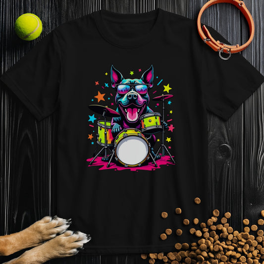 Black Beat Drop Pitbull T-shirt featuring a colorful dog drummer design. Ideal dog theme shirt for music-loving pet owners.