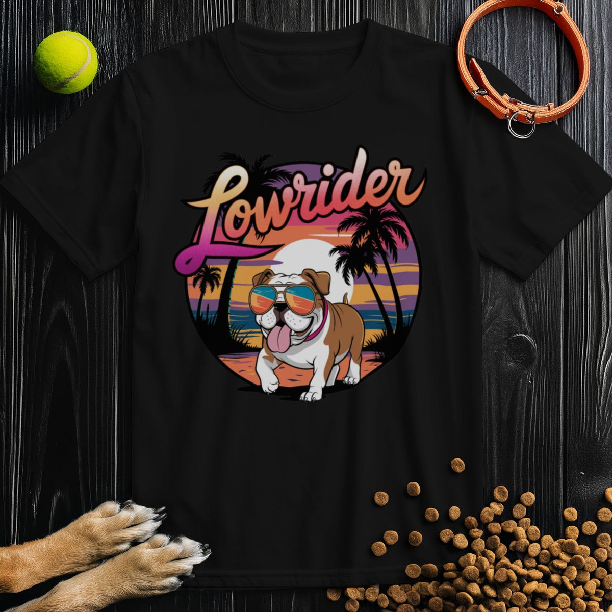 Black Lowrider Bulldog Sunset Tee with vibrant bulldog and sunset print. Stylish cotton shirt perfect for dog lovers and streetwear fans.