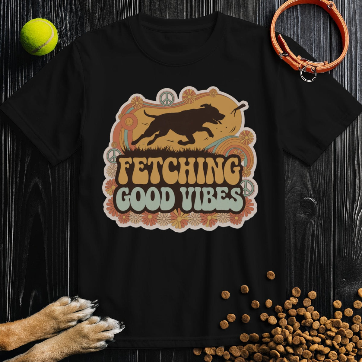 Black cotton Good Vibes T-Shirt with colorful dog fetch artwork. Ethically produced, great for summer and everyday outfits.