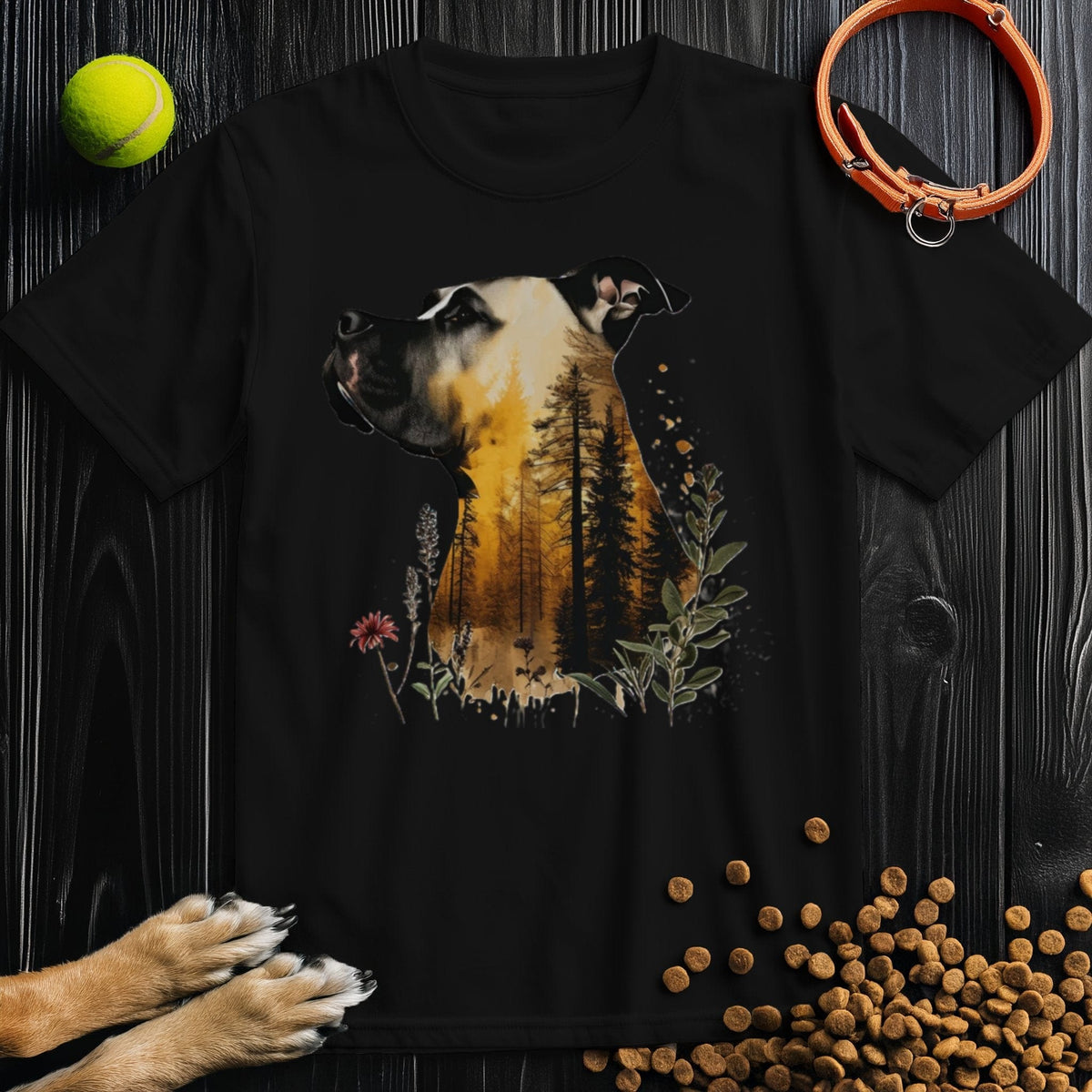 Black Pitbull Dog T-Shirt by Nature's Sentry showcasing a bold forest-themed pitbull design, sustainable cotton, unisex fit.