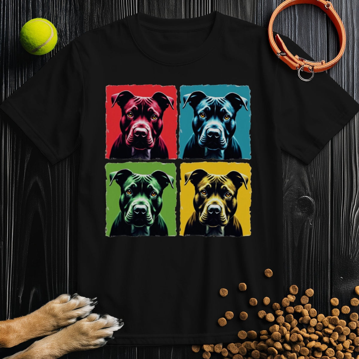 Black Pittie Pop Art T-Shirt featuring colorful pit bull portraits in Warhol style. Made from 100% cotton, ethical and comfortable fit.