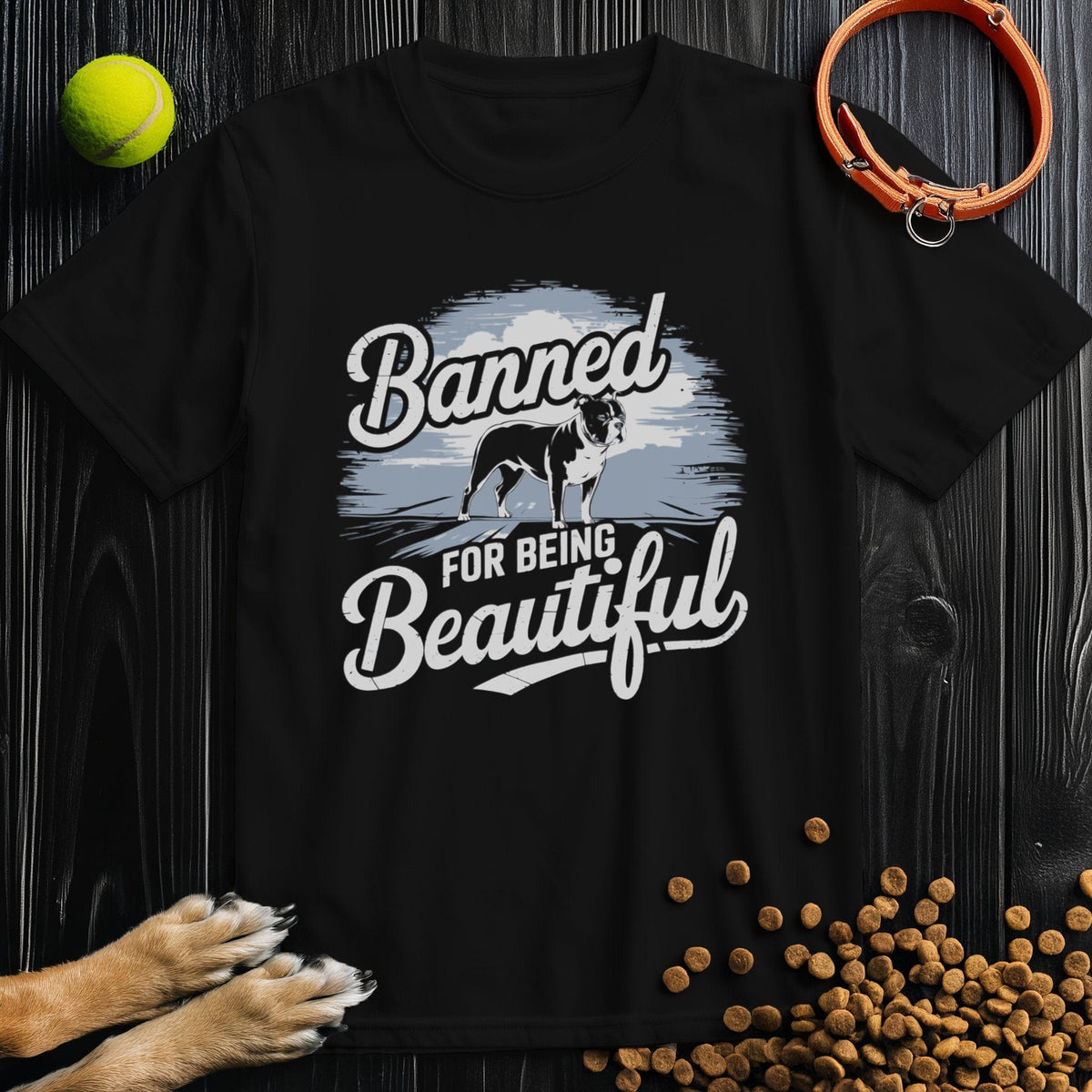 Black Banned & Beautiful Pitbull T-Shirt in ethical cotton with bold white text and pitbull graphic, unisex crew fit for casual wear.