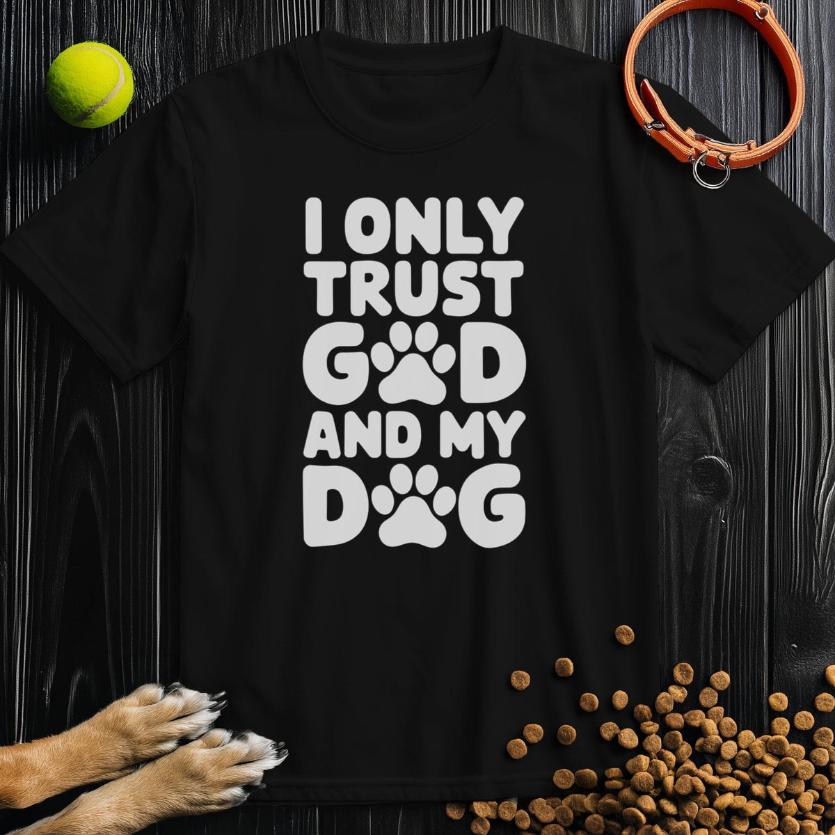Black Dog and God T-Shirt with bold white text and paw print design, 100% cotton, perfect for pet lovers and casual wear.