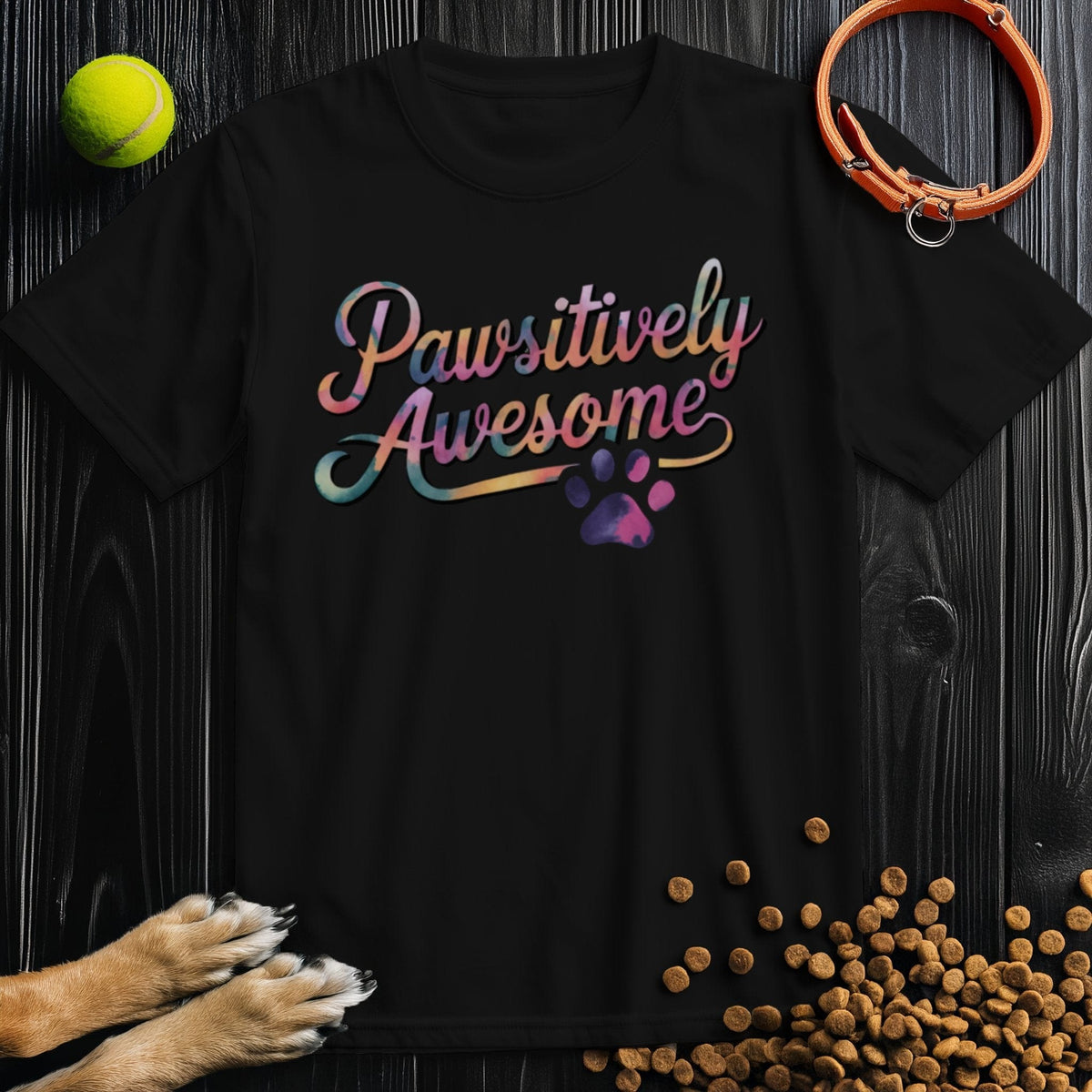 Black Pawsitively Awesome Dog Shirt in cotton with colorful text and paw print, unisex crew neck tee for dog lovers.