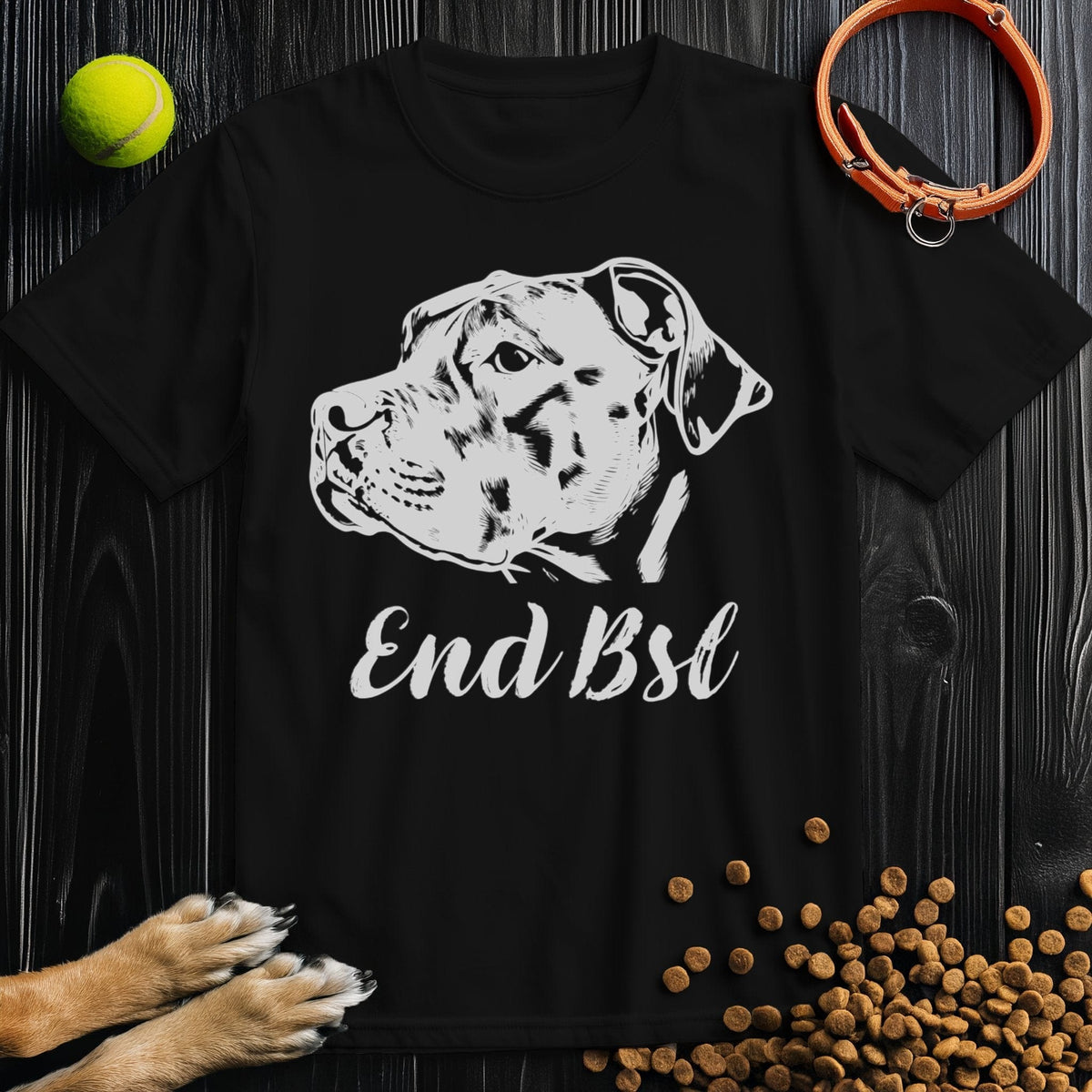 Black End BSL Advocate Pitbull Dog T-Shirt made from 100% ethical cotton, featuring a bold pitbull graphic and anti-BSL message.