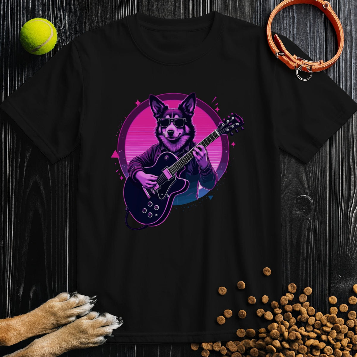 Black dog lover shirt with synthwave design showing a dog in sunglasses playing guitar. Retro fashion pick for music and pet enthusiasts.