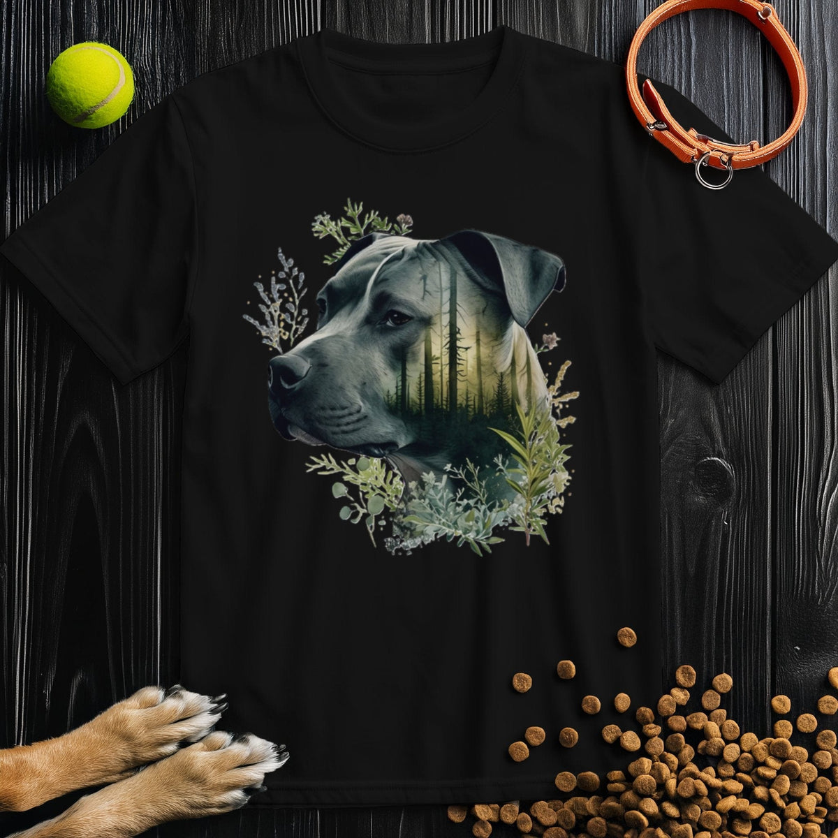 Black Pitbull Dog T-Shirt - Forest Dreamer graphic tee with nature-inspired Pitbull design, ethically made from soft cotton fabric.
