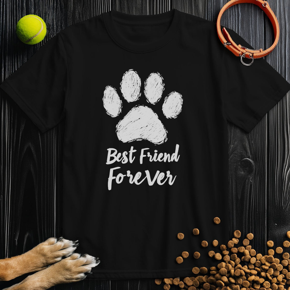 Black BFF white t-shirt featuring a white paw print and 'Best Friend Forever' slogan. Cotton dog theme shirt for casual wear.