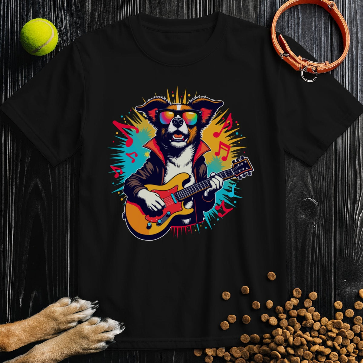 Black dog themed shirt featuring a cool puppy playing electric guitar with colorful music notes. Ideal for music lovers and pet enthusiasts.