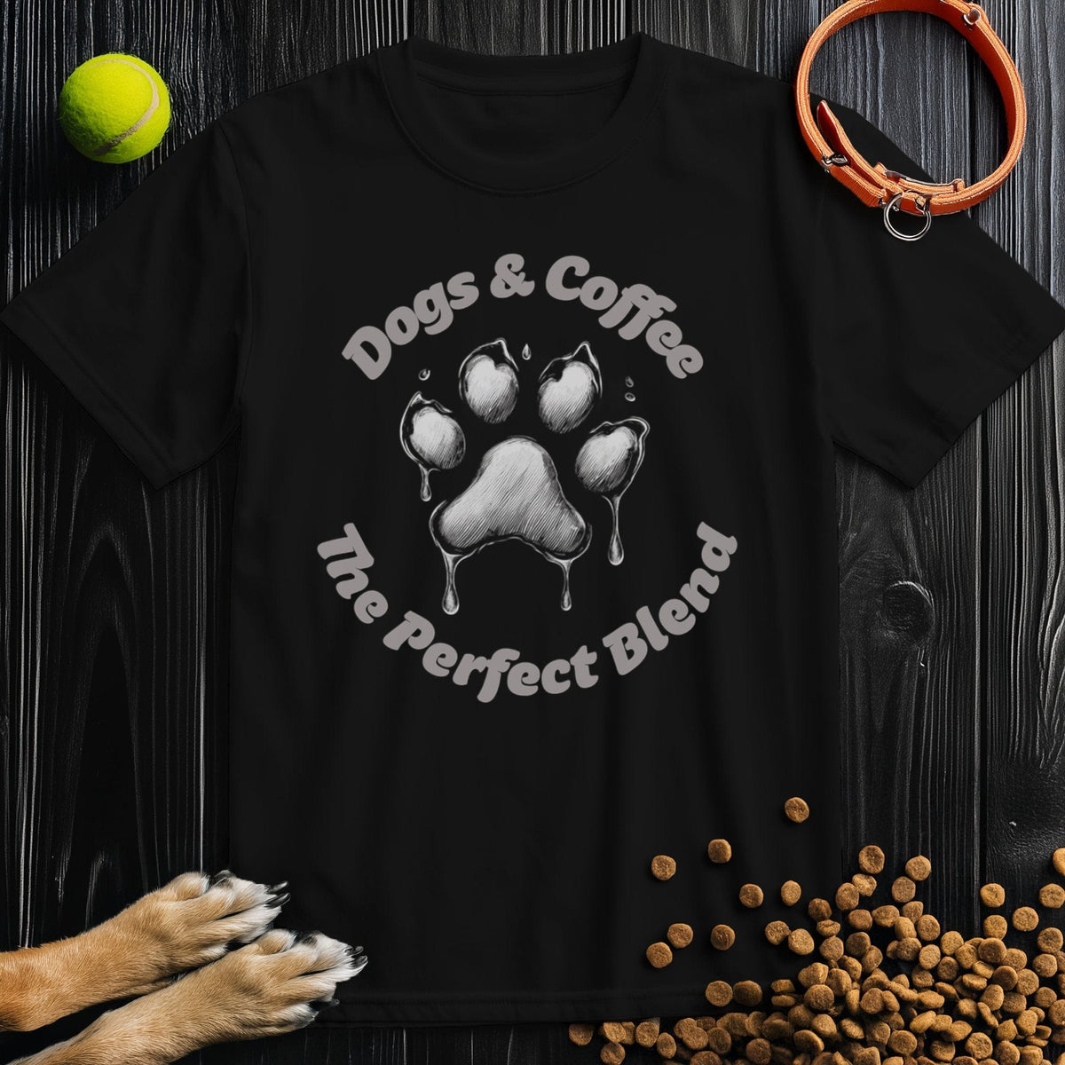 Black Dogs & Coffee Tee Shirt with paw print and 'The Perfect Blend' slogan, ideal for dog lovers. 100% cotton, crew neck fit by Good Boy Mob.