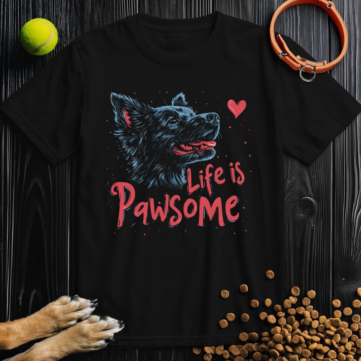 Black Life Is Pawsome T-Shirt featuring a dog illustration and red text. Dog themed cotton tee, unisex fit, perfect for pet lovers.